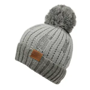 Woman's Knit Pompom Two Tone Winter Beanie  Hat Cuff Skull Cap