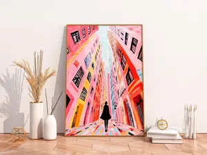 Dopamine Decor Poster with Pink Streets and Modern Wanderer, Feminine City Art Print, Colorful Pop Art, Vibrant Home Decor