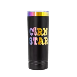 Corn Star Skinny Tumbler with Slider Lid | 22 oz | Black with Rainbow Chrome Engraving | RCK Creations & More