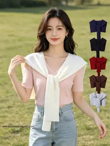 Pure Color Korean Lazy Style Knit Shawl, 55.3% Viscose Blend, Spring Fall Versatile Layering Piece, Casual Loose-Fitting Design, Solid Color Shawl