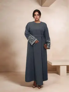 Women's Ethnic Pattern Floral Embroidery Long Sleeve Dress, Casual Round Neck Zipper Dress for Daily Wear, Ladies Islamic Clothing for All Seasons