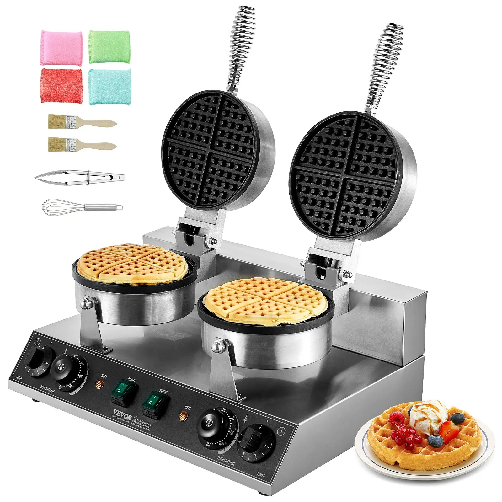 【summerfinds】VEVOR Commercial Waffle Maker Dual-Head Round Waffle Iron 2460W Non-Stick, Belgian Waffle Maker