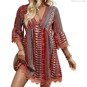Women's Boho Paisley Mini Dress Summer Casual Flowy Lace Trim 3/4 Bell Sleeve Vintage Vacation Babydoll DressesAB14Veloura Home