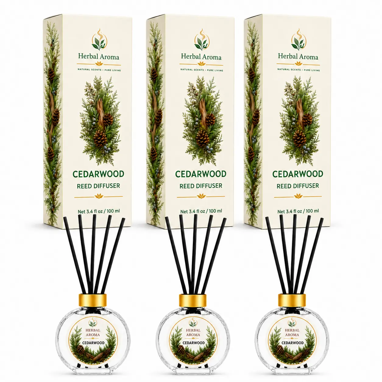 Herbal Aroma Cedarwood Reed Diffuser Set, 3 Pack Home Fragrance Diffusers, 100 mL Each, 300 mL Total, Woody Home Fragrance for Bedroom, Living Room & Office