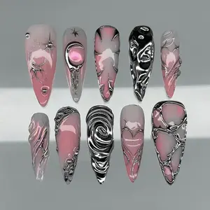 10pcs Cool Metal Y2K Handmade Press on Nails, Decorative Nails, Cyberpunk Streetwear Style, Removable Reusable Manicure, Daily & Party Wear