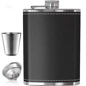 1Pc 8oz Portable Stainless Steel Hip Flask Flagon Whiskey Wine Pot Leather Cover Bottle Funnel Travel Tour Drinkware Wine Cup