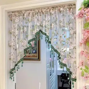 Hole-free French floral door curtains | Luxurious lace curtains with hanging crystal beads, ideal for decorating rented properties