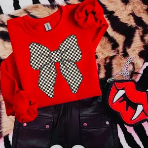 Checkered Bow Sweatshirt, Graphic Crewneck Sweatshirt, cowgirl outfits, western clothing, western tops outfits women, country concert outfits clothing, rodeo outfit women shirt hoodie