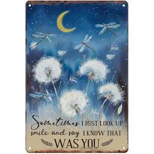 Metal Sign, Just Look Up Smile Say I Know That Was You Dragonfly Dandelion Inspiring Vintage Tin Sign Wall Art Decor for Home, Living Room, Bedroom, Office, Cafe And Pub Decoration