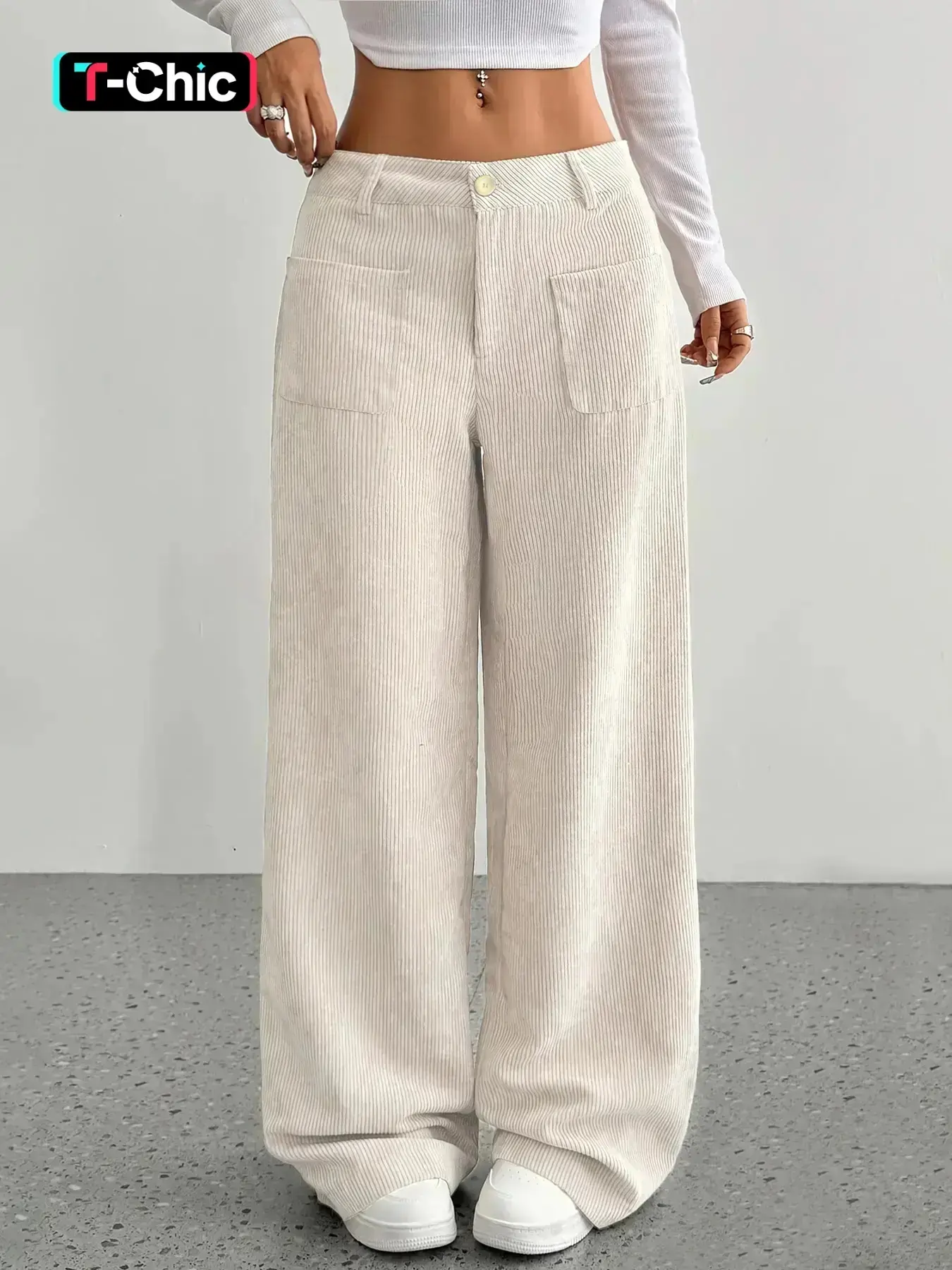 Women's Waist Corduroy Wide Leg Pants, Casual Trousers, Casual Fall Winter Long Trousers with Pockets, Ladies Fashionable Relaxed Fit Bottoms