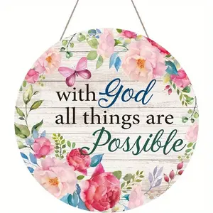 Inspiring Spring Welcome Wreath Sign, Round Wooden Door Hook with Colorful Flowers and Butterflies, Religious Home Decor, Front Door Garland, Home Decor Ornament