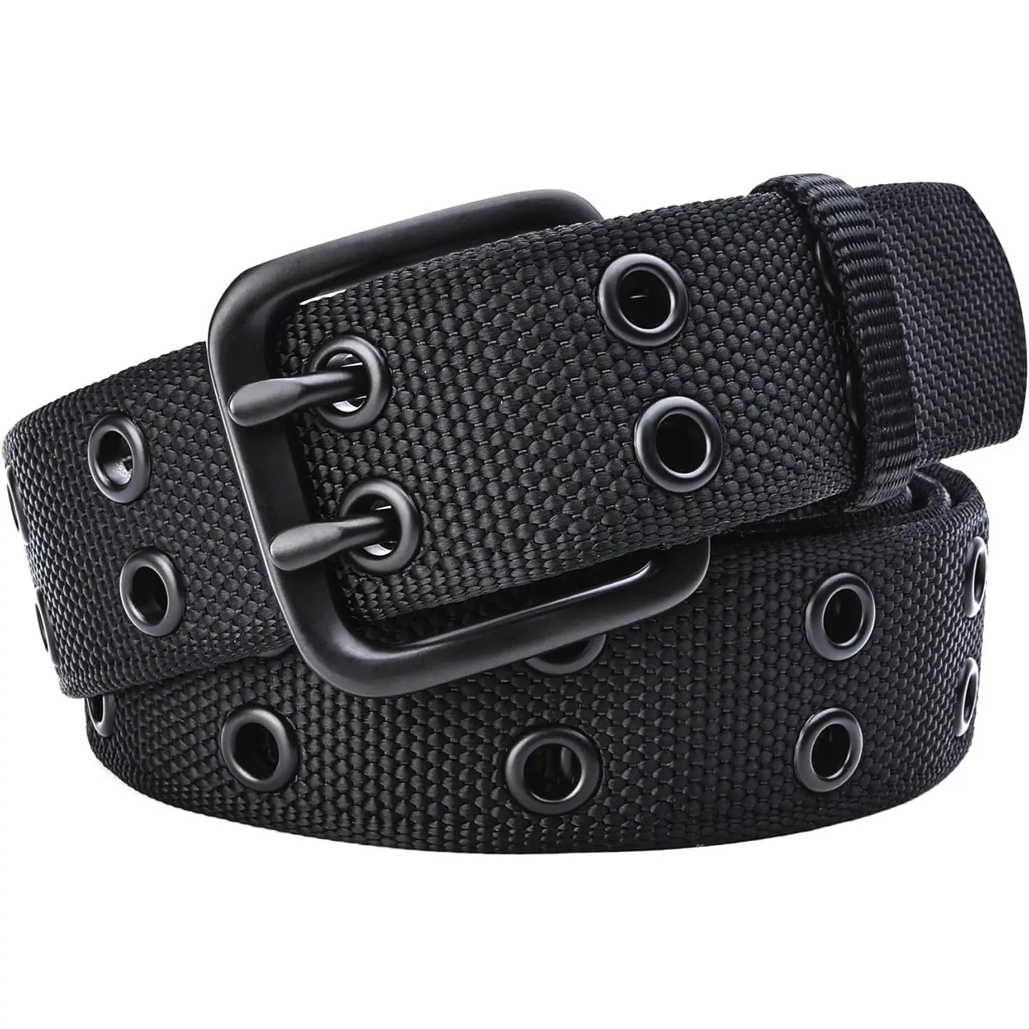 Men's Double Prong Belt 39'' to 71'' Big and Tall Men Nylon Black Grommet Belts