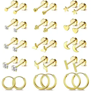 Hypoallergenic Surgical Steel Earrings for Sensitive Ears 14K Gold Flat Back Stud Earrings for Women Men Small Stainless Steel Stud Hoop Screw Back Cartilage Earring Set for Multiple Piercing