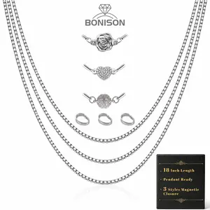 3PCS Silver Box & Snake Chain Necklace Set for Women – Stainless Steel Magnetic Clasp Layering Chains 16/18/20/24 Inch, Extra Jump Ring for Pendant