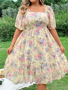 Women's Fashion Plus Size Casual Dress, Elegant Shirred Design, Loose-Fitting Short Sleeve Midi Dress, Woven Fabric, All Seasons