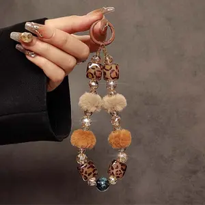 Fur Ball Crystal Beaded Handbag Chain Wristlet Short Lanyard Phone Case Car Fuzzy Keychain Charm, Stylish Accessory for Everyday Use Keychain Wristlet Strap