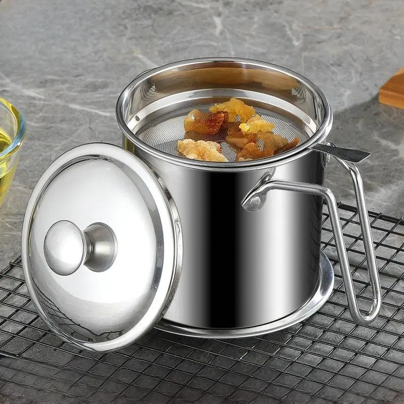 Stainless Steel Oil Separator Pot with Lid & Tray, Kitchen Grease Collector, Bacon Grease Fine Mesh Strainer, Cooking Tool for Home Use, Utensils, Kitchen Gadgets, Kitchen Cooking Accessories