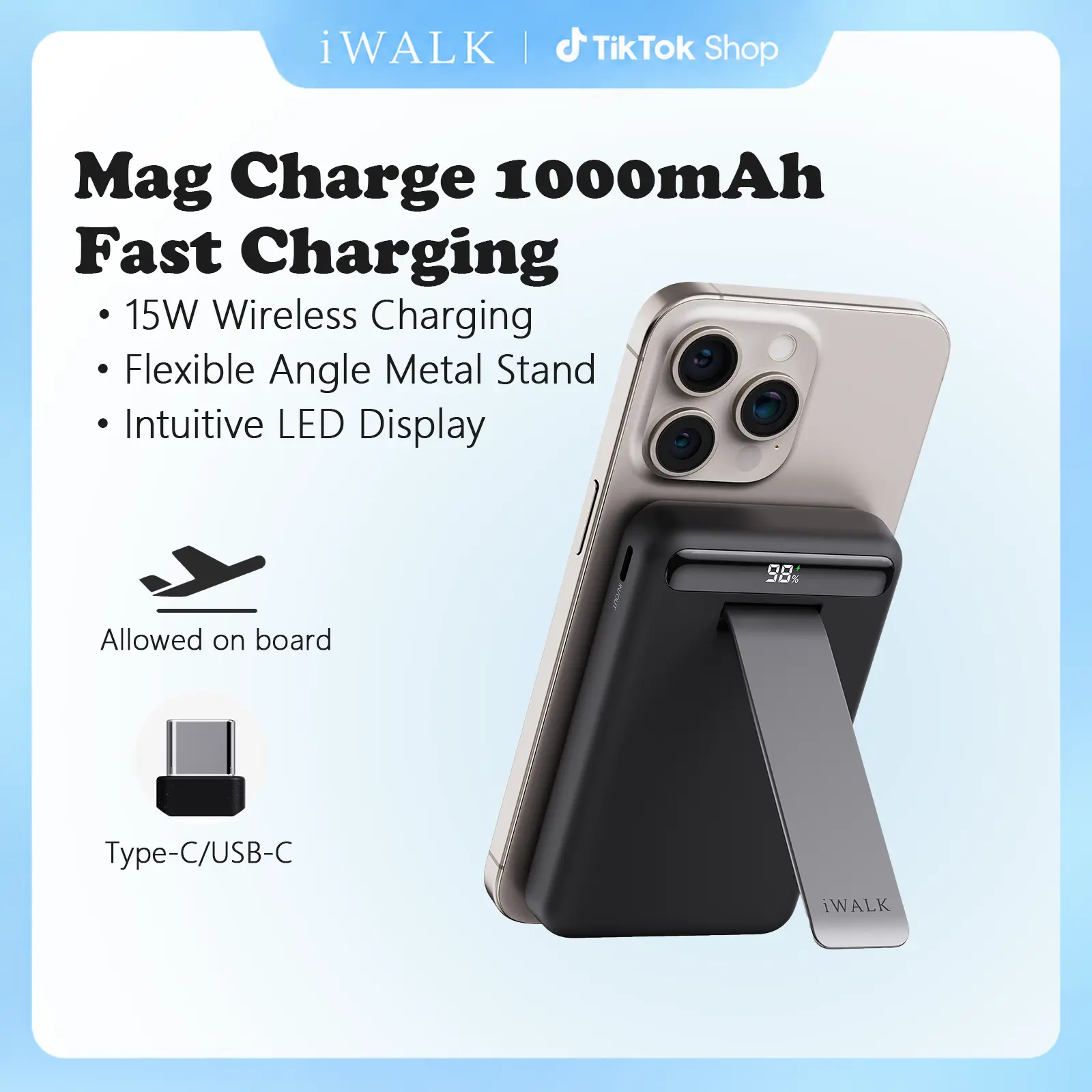 iWALK Qi2 Certified 15W Magnetic Wireless Power Bank 10000mAh - Foldable Adjustable Stand, LED Display, Secure Fast Charging, White Metal Portable Charger for iPhone 17/16/15/14/13/12 Series, Modern Pocket Mini Pocket Power Banks with LED Battery Glance,