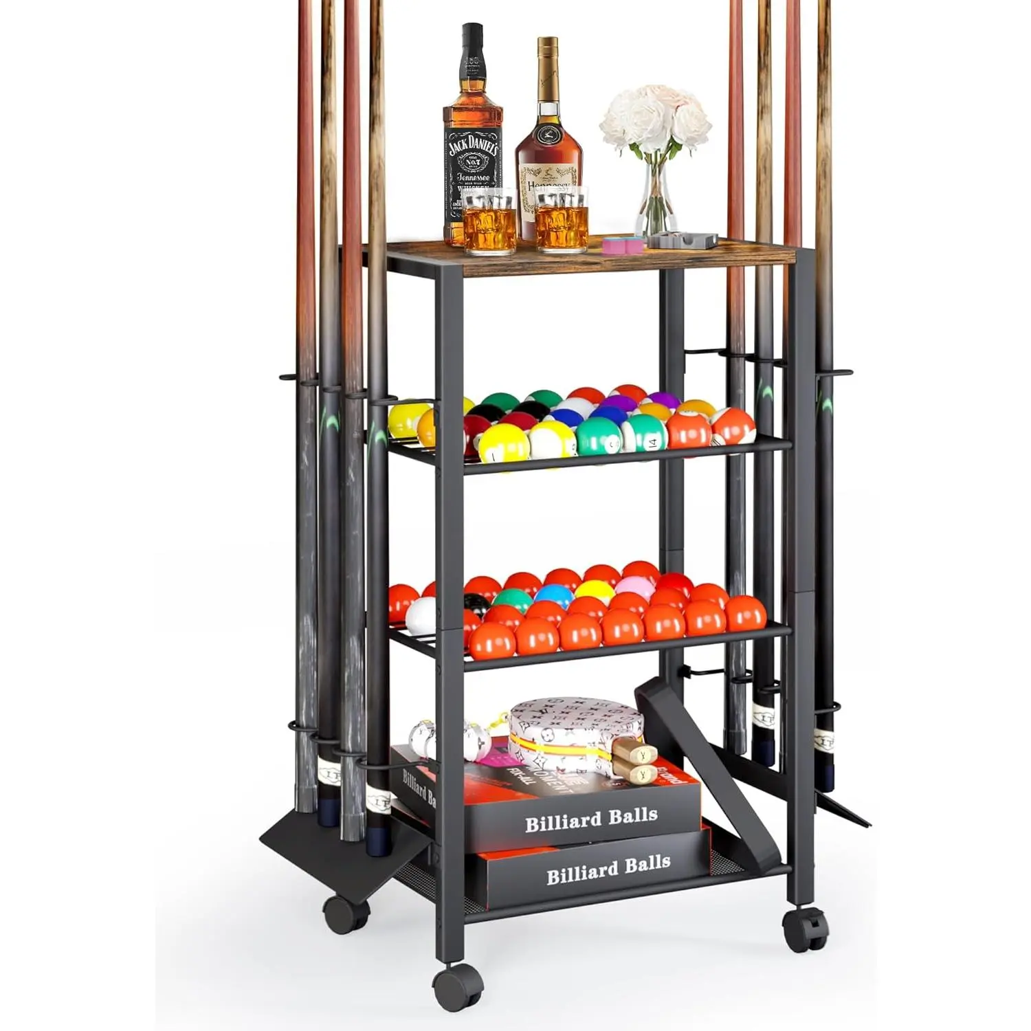 Pool Stick Holder Rack Stand for 8 Cue Sticks - Billiard  Room Storage Cart with Organizer for Balls, Pool Table Accessories and Equipment - Heavy Duty Floor Stand Cue Stick Rack for Home or Bar