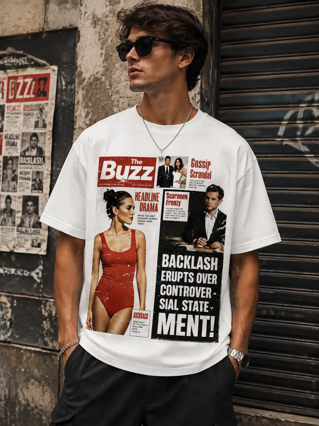 Men's Vintage Newspaper Graphic T-Shirt, Retro Celebrity Print Oversized Cotton Tee, Y2K Streetwear Casual Summer Graphic Shirt for Men Menswear Tops Crewneck Round Neck Shortsleeve