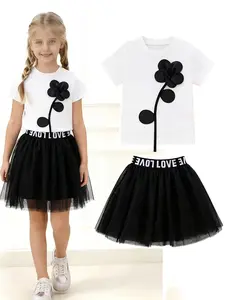 Girls' Summer New Set, Short Sleeve T-Shirt + Puff Skirt 2-Piece, Fashionable Kids Clothing, Comfortable and Stylish