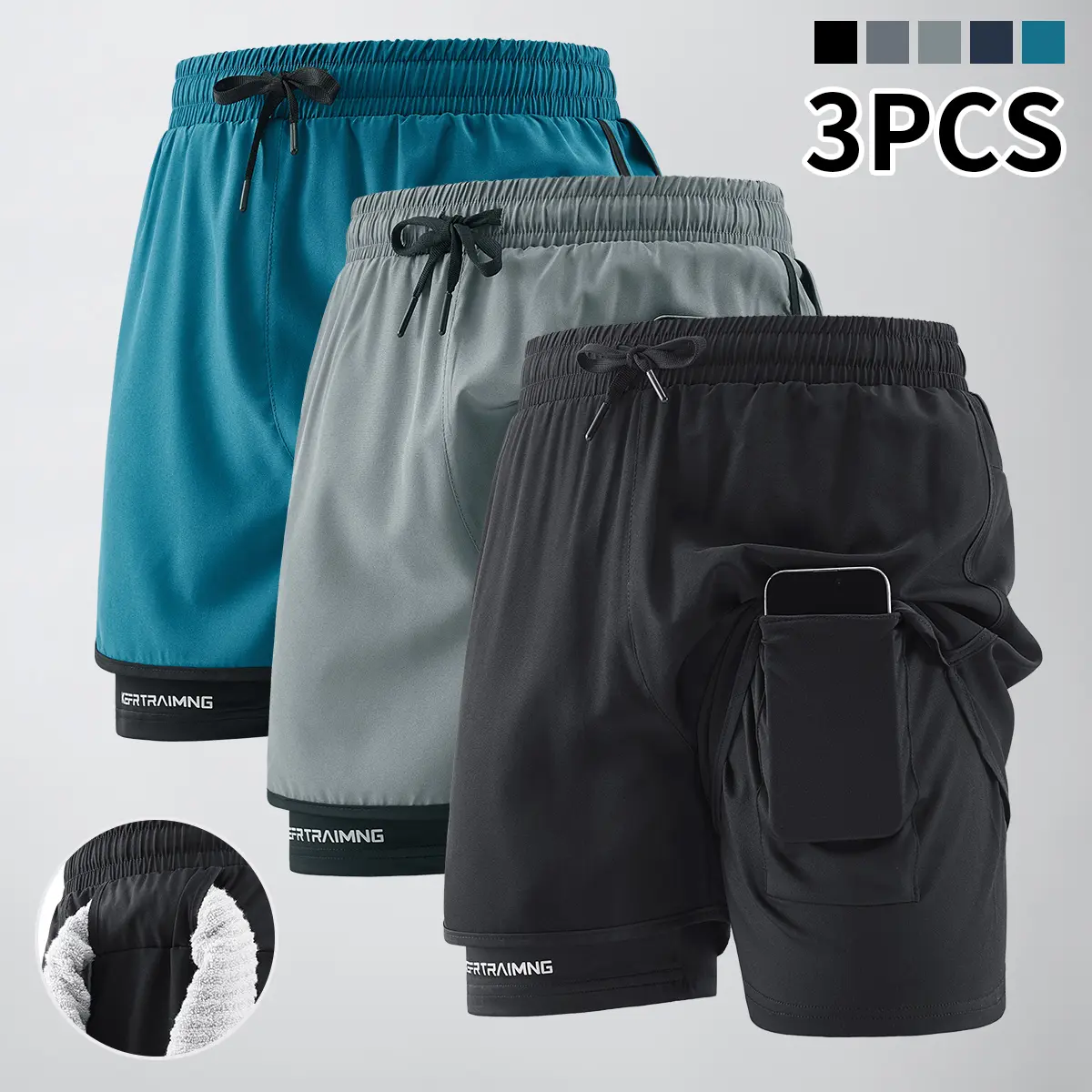 Men’s 3-piece sports shorts set featuring side pockets, elastic waistband, lightweight stretch fabric—ideal for running and casual wear; compression shorts, running shorts, comfortable fit