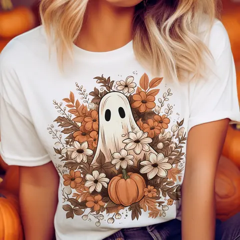 Girly Ghost Tshirt Disco Pumpkin T-Shirt Halloween Fall Floral Ghost Tee Halloween Ghost Tshirt Fall Flowers and Pumpkin T-Shirt Cute Ghost Tshirt Halloween Tee Womens Fall Top