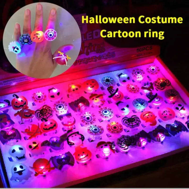 50PCS Halloween LED Light Up Rings – Pumpkin & Skull Party Favors, Spooky Glow Toys for Kids & Adults, Fun Gift Exchange & Party Decorations
