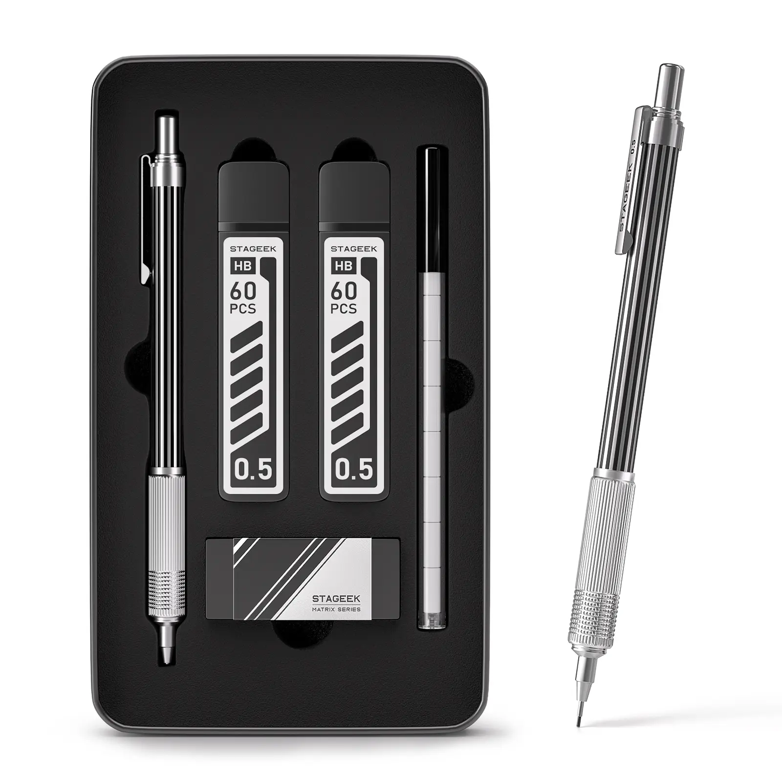 StaGeek 0.5mm Mechanical Pencil with Metal Gift Case, 1PCs Metal STAGEEK Mechanical Pencil with 120PCS HB Lead Refills,4B Erasers and 9PCS Eraser Refills, for Writing Drafting Drawing and Sketching(Silver,Gold)