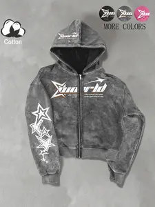 Unisex Street Style Zip Hoodie Jacket, Spring & Fall Thin Cotton Sweatshirt, Xworld Logo Star Pattern, Y2K Campus Hip Hop Fashion