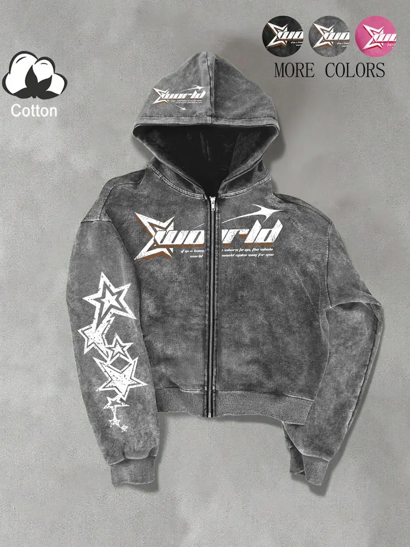Unisex Street Style Zip Hoodie Jacket, Spring & Fall Thin Cotton Sweatshirt, Xworld Logo Star Pattern, Y2K Campus Hip Hop Fashion