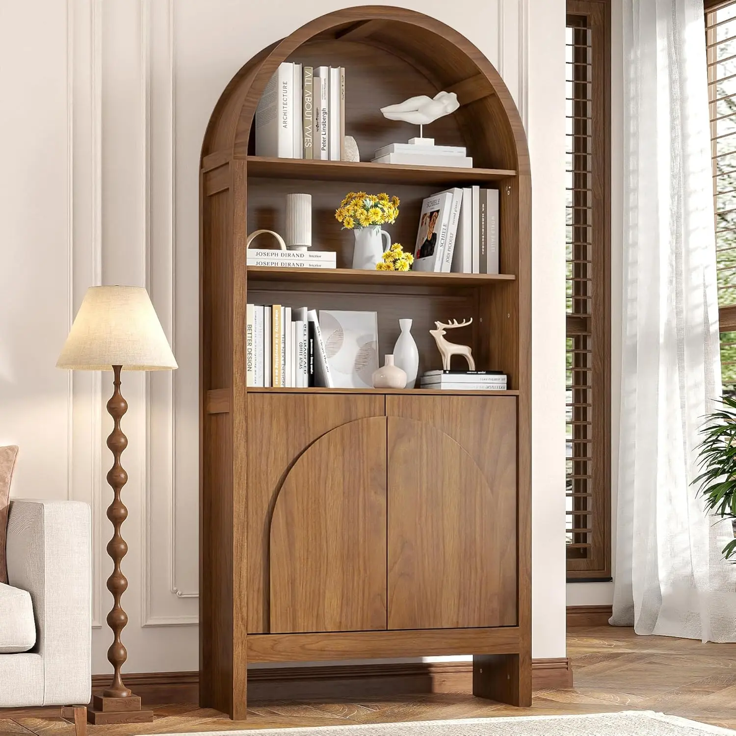Jluomei Mid Century Arched Bookcase - 5-Tier 71" Vertical Space Walnut Wooden Storage Cabinet with Curved Arch Doors, Display Cabinet Living Room Furniture for Home Library, Office