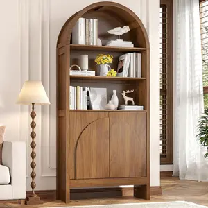 Jluomei Mid Century Arched Bookcase, 5 Shelf Tall Book Shelf with Arch Doors, 71 Inch Display Case Storage Cabinet, Large Library Arch Bookshelf, Wooden 5 Tier Book Case, Living Room, Office, Walnut