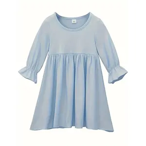 NewBaby's Elegant Solid Color Long Sleeve Dress & Headscarf, Infant & Toddler Girl's Dress For Ramadan