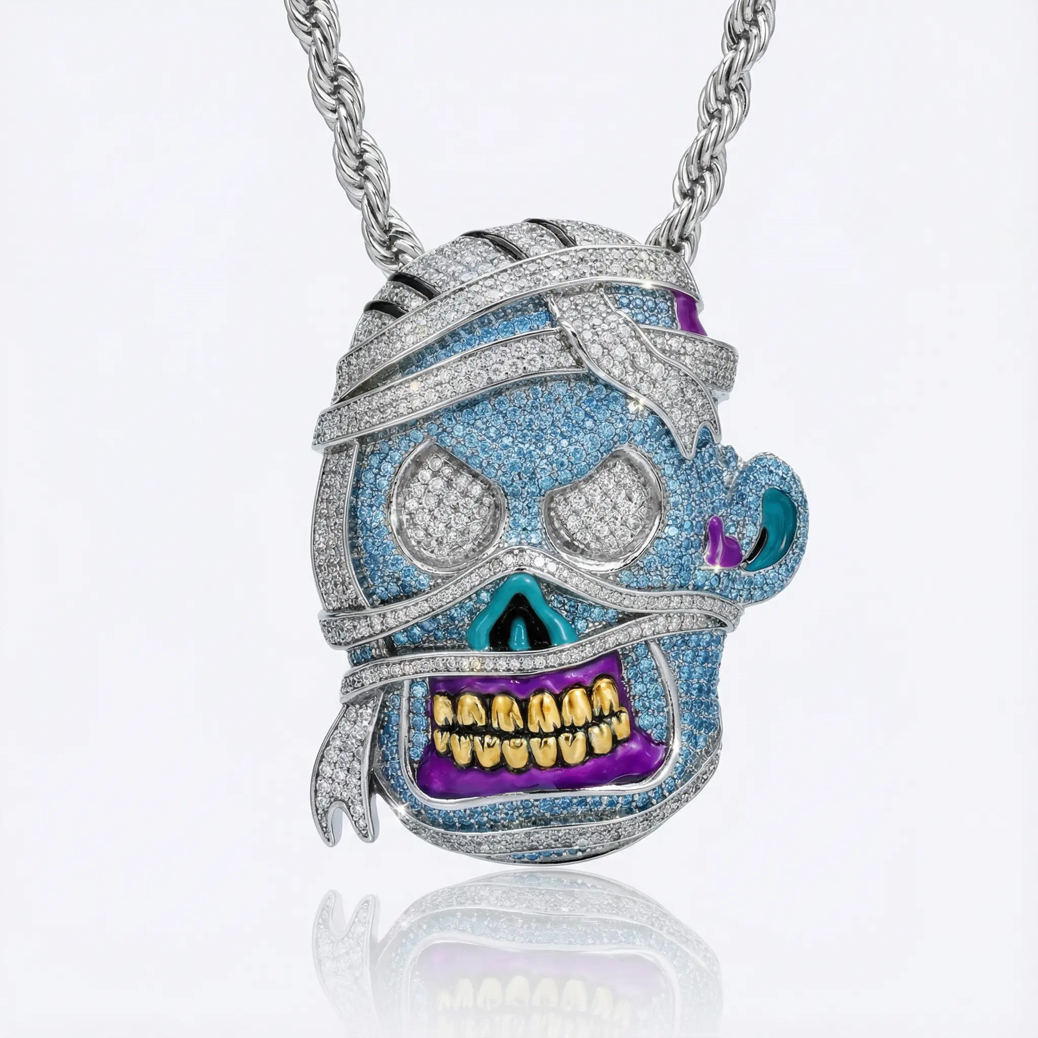 Men's Hip-Hop Iced Out Mummy Pendant Necklace, Gold/Silver Plated Jewelry with Blue Stone Eyes, Purple Grillz & 4mm Rope Chain