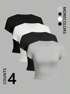 Women's Solid Round Neck Tee, Casual Basic Short Sleeve T-shirt for Summer, Ladies Clothes for Daily Wear