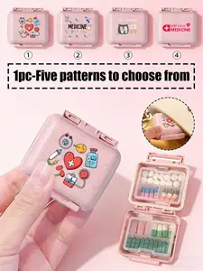 Cute printed 8-compartment portable pill box, mini waterproof travel medicine storage case with secure closure, suitable for storing vitamins, supplements, tablets, and everyday medications, ideal for travelers, students, and office workers