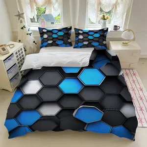 3pcs Hexagon Blue Black White Geometric Pattern Background bedding set (1*Duvet Cover + 2*Pillowcase, Without Core)+Soft comfortable and breathable Suitable for bedroom guest room hotel dormitory rooms