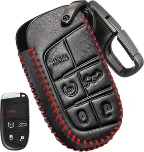 Key Fob Cover Keychain Accessories for Jeep for Grand Cherokee Renegade Chrysler 200 300 Dodge RAM Durango Charger Challenger Journey Dart Fiat 5 Buttons, leather Case+D-Ring+Hook(Black)