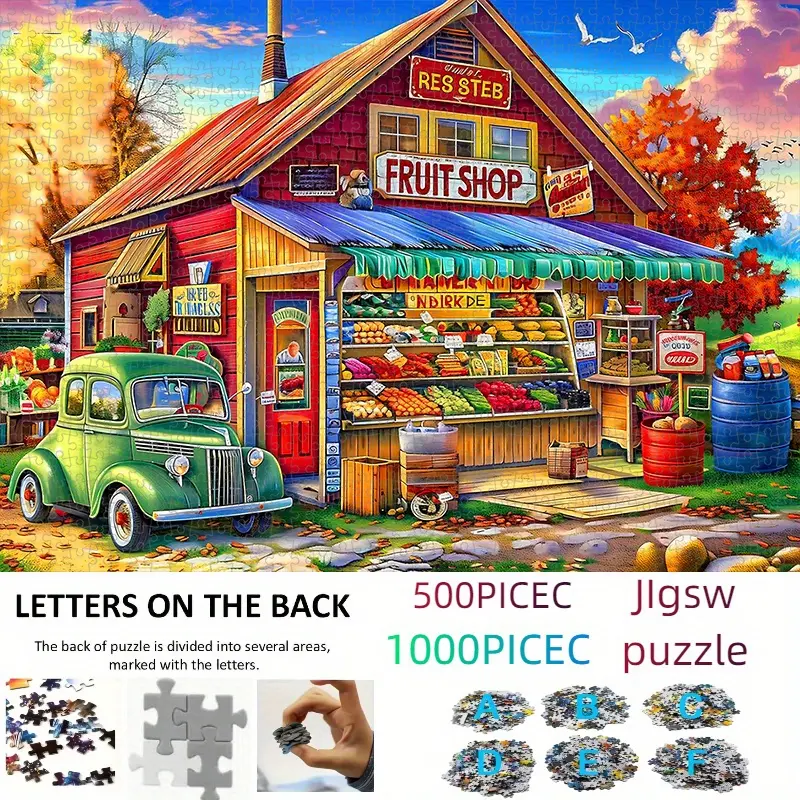 500/1000pcs Vintage Fruit Stand Jigsaw Puzzle - Thick & Durable White Cardboard, Vibrant Harvest Scene with Autumn Colors, Intermediate Challenge for Adults & Family Bonding, Portable Rectangular Design, Perfect Halloween Christmas New Year Gift,