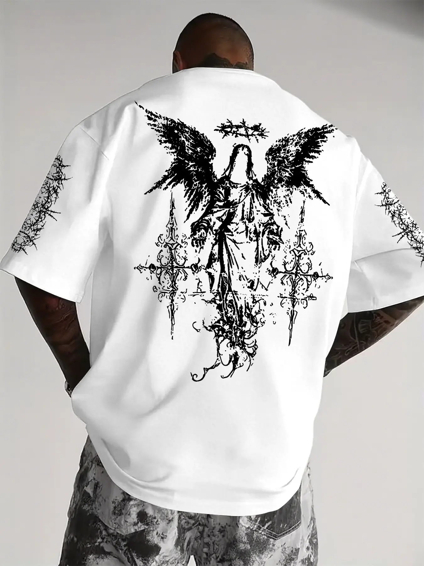 Men's Dark Metal Thorn Angel Print Short Sleeve T-Shirt, Big Ultra
