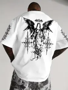Men's Dark Metal Thorn Angel Print Short Sleeve T-Shirt, Ultra-Size Back Design, High Street Style, Casual, Loose-Fitting Long Tee Streetwear, Aesthetics, Fashion
