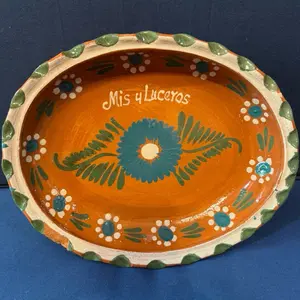 Ceramic Desert Plate with Orange Floral Design and Green Leaf Accents
