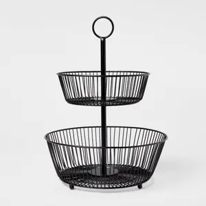 Iron Wire 2-Tier Fruit Basket Black - Threshold: Traditional Round Fruit Holder Stand, Iron Serving Bowl, 16" Height