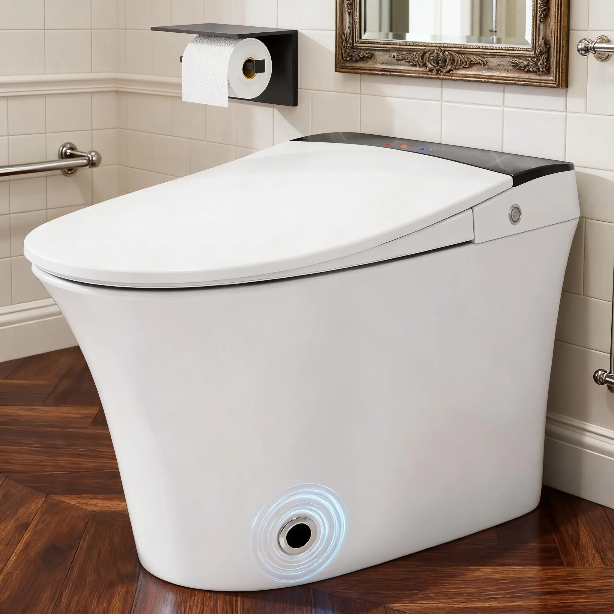 Premium Ceramic Smart Toilet with Status Indicator Light, Adjustable Warm Seat, Hands-Free Foot Flush System, Emergency Battery Support & Night Ambient Light Modern Bathroom Equipment Powerful Rinsing Minimal Water, Antibacterial, 2,500 Flushes