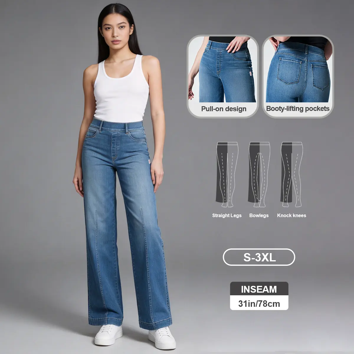 Pwest NYC Seamed Front Pull On Wide Leg Jeans – 4 Way Stretch, Booty Lifting Pockets, No Button No Zipper, Flaunt Your Curves in Comfort
