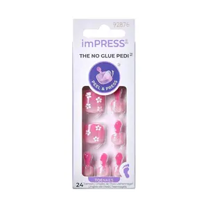 Impress No Glue Pedi 30 Pcs Press on Toenails, Pink Stick on Extension False Nails for Toes, Peel & Press Easy Apply, Hassle-Free Removal, Includes Manicure Stick, Prep Pad & File