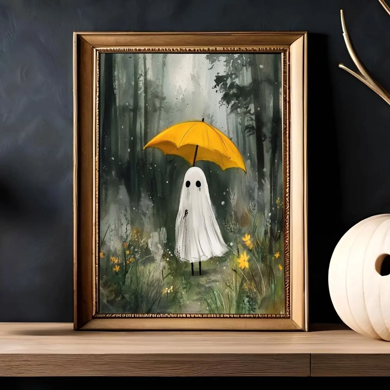 Ghost With Umbrella, Vintage Art Poster Print, Dark Academia, Haunting Ghost, Halloween Decor, Gothic Victorian Painting| Frameless Poster I