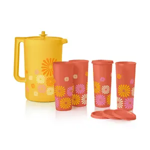 Tupperware Classic Gallon Pitcher with Secure Push Button Lid Extra Large 3.7 L Capacity Comfortable Handle Sheer Material for Easy Storage and Versatile Use; Optional Set includes 16 oz Tumblers & seals