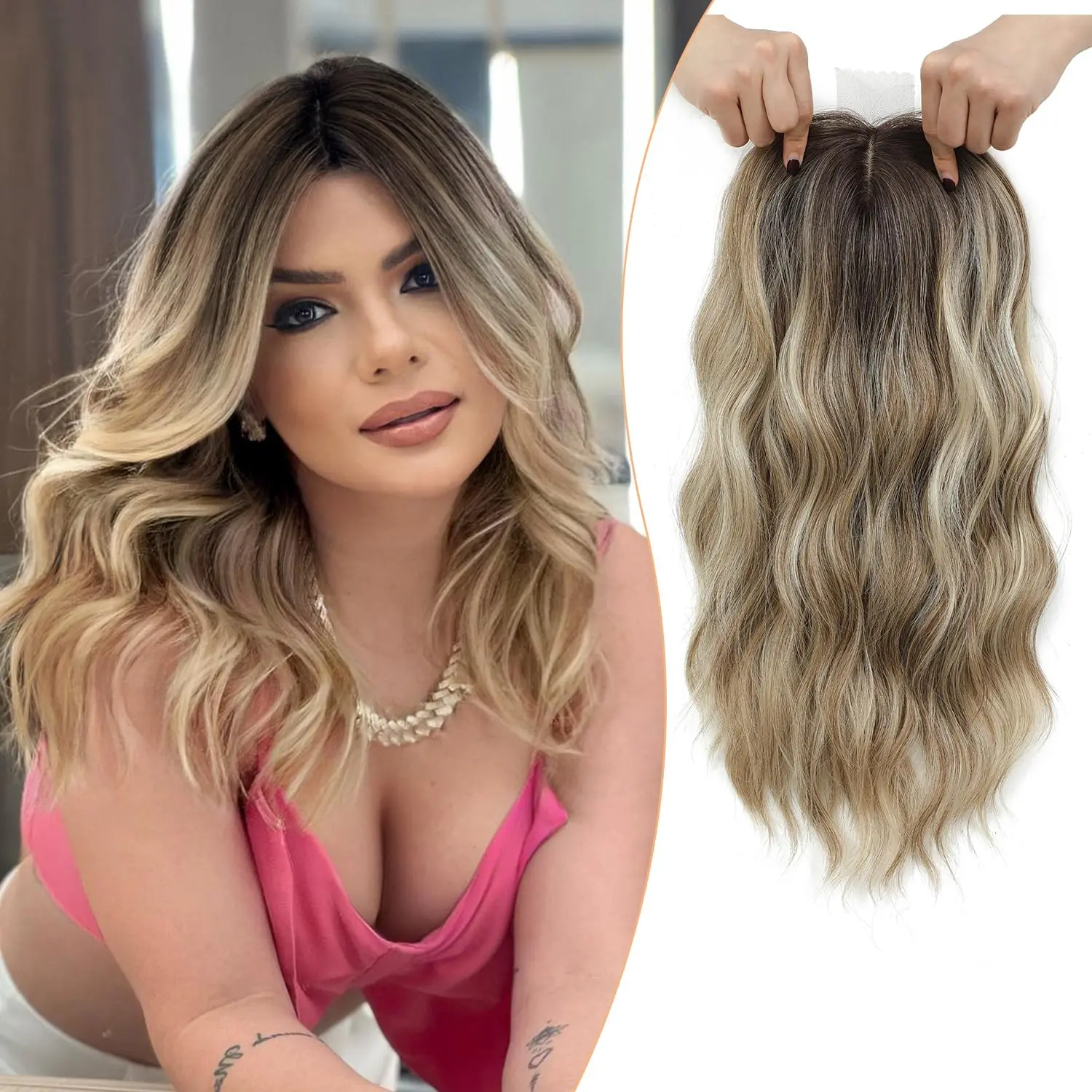 Synthetic Hair Topper for Volume, Glueless Clip-On Hairpiece, 4\